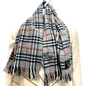 Unused-Burberrys  Scarf/Shawl 100% Lambwool gray black Plaid Embroid 48"x26" (17